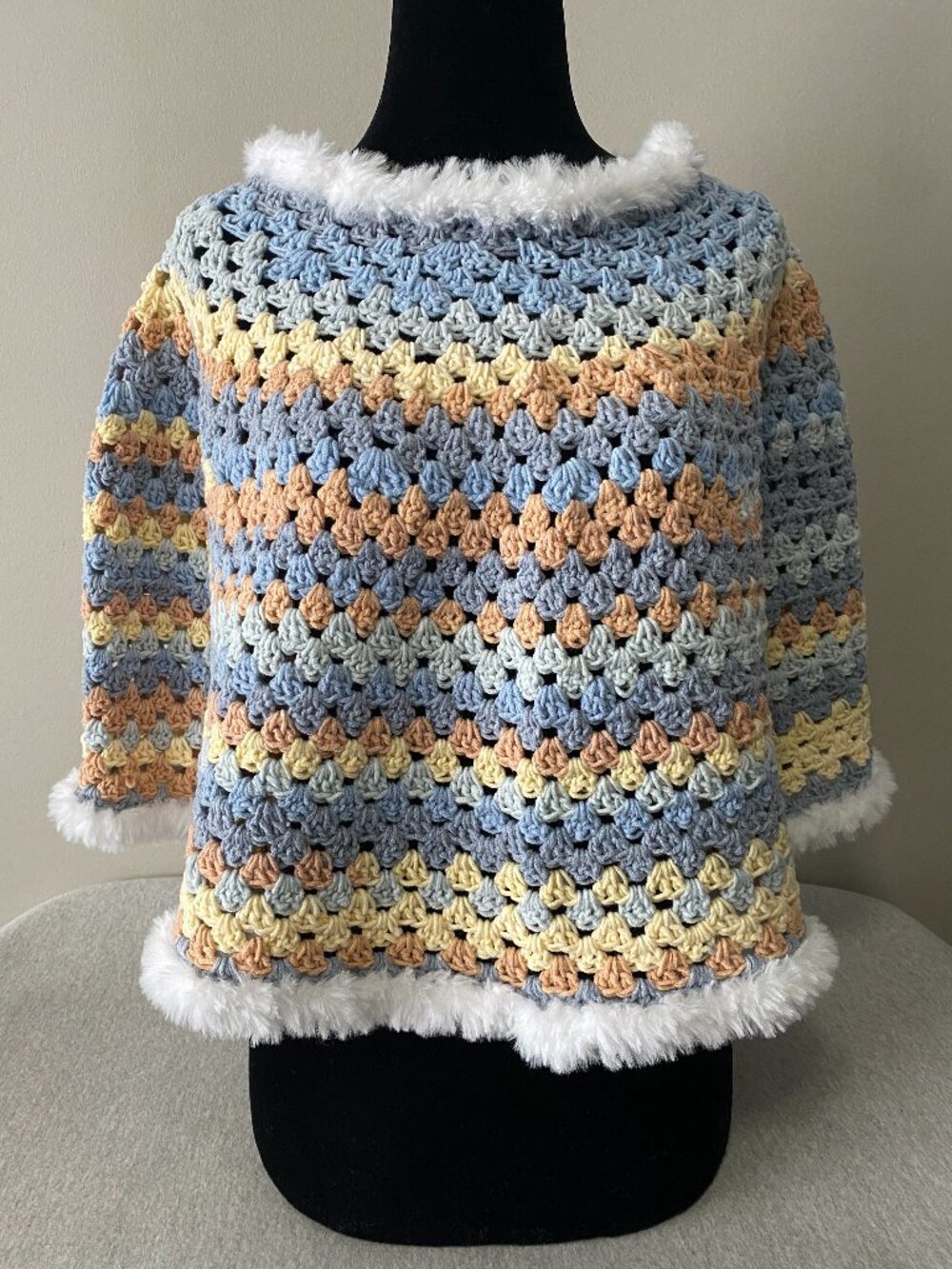 Handmade Crochet Blue Yellow Orange White Cotton Acrylic Poncho